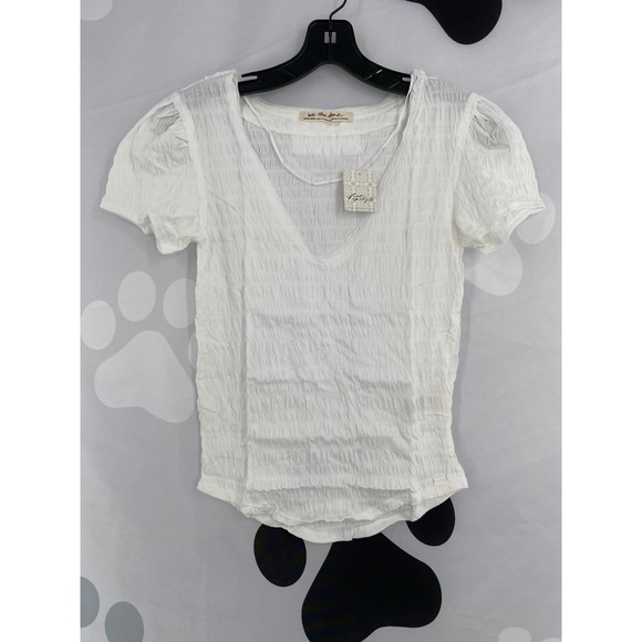 Free People NWT Sugar Cube Crinkle Fabric Short Sleeve Tee Optic White XSm New - Picture 3 of 12